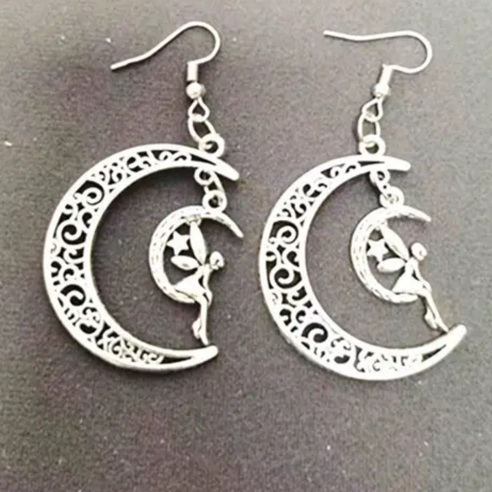 Cresent Moon Star Dangle Drop Earrings With Fairy Angels Wing For Women